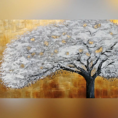 Quadro - olio su tela - materico foglia oro - telaio - White Tree - wdesign - macerata - marche